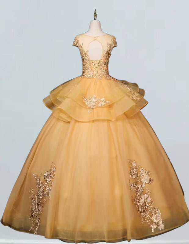 Gold Lace Applique Tulle Ball Gown | Scoop Neck, Evening & Prom Dress