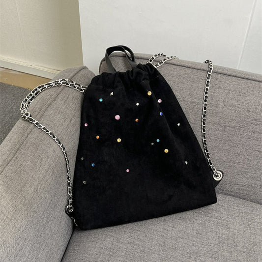 Women's bag matte suede backpack purse, splicing colored gemstone chain backpack, drawstring portable backpack