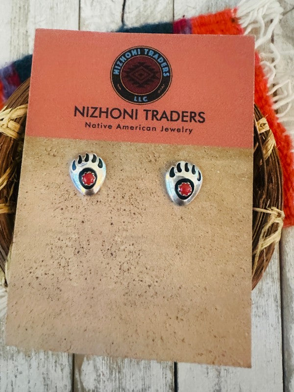 Navajo Coral & Sterling Silver Bear Paw Stud Earri