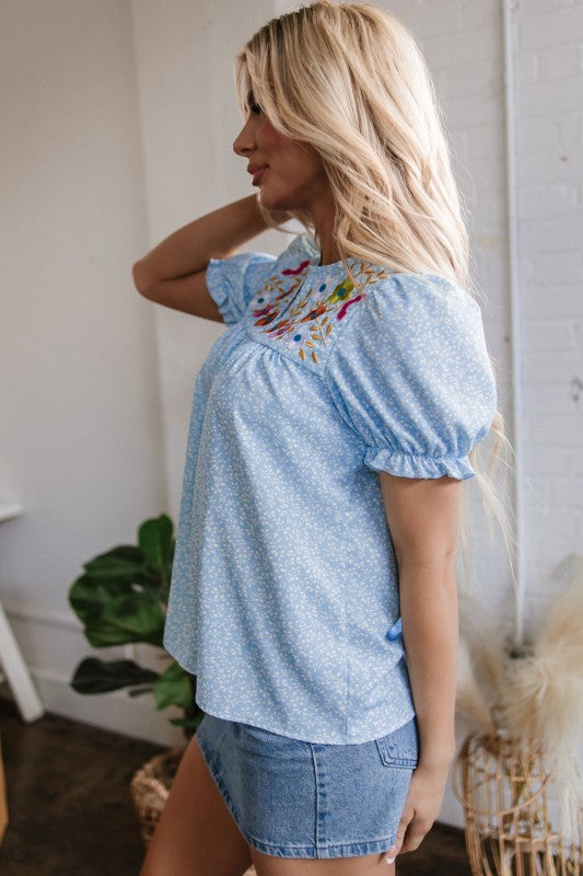 Kenzie Floral Embroidered Puff Sleeve Blouse