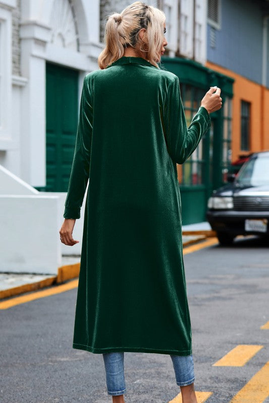 Velvet Open-Front Pocketed Cardigan