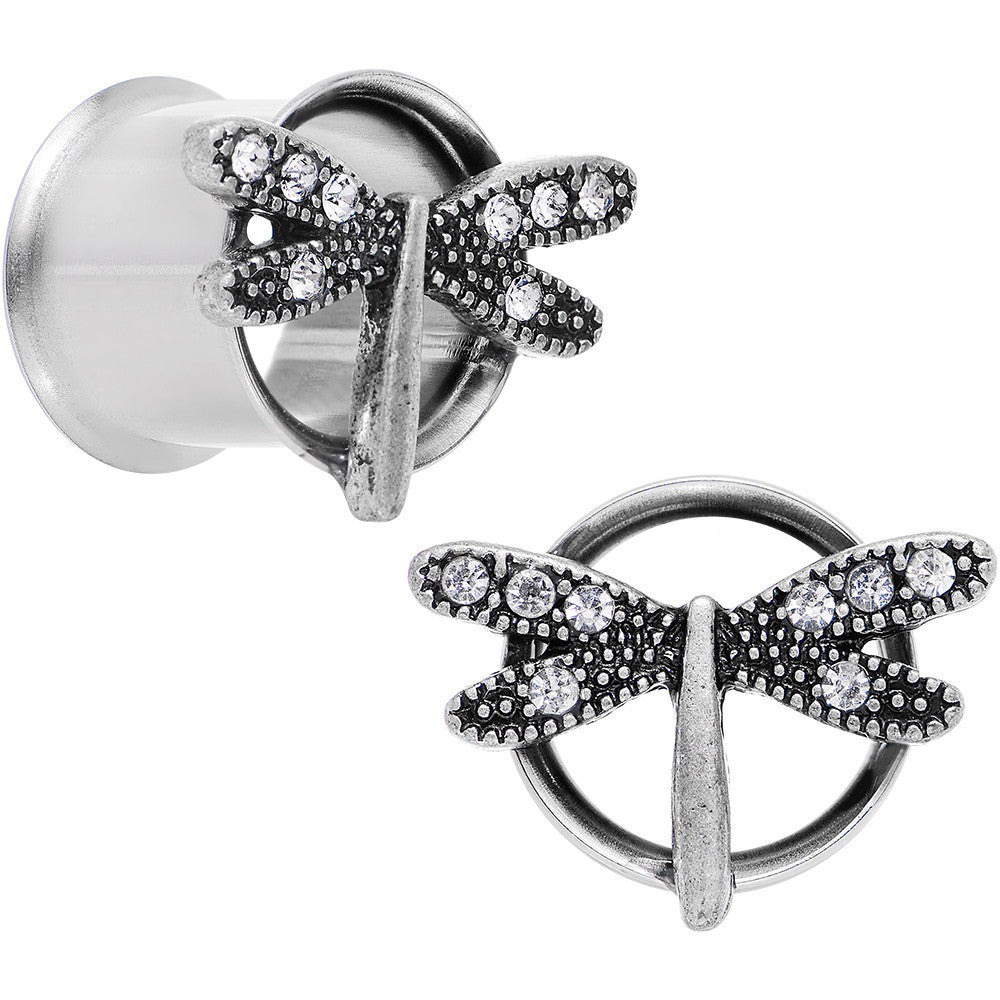1/2 Clear Gem Steel Hi Sky Dragonfly Double Flare Tunnel Plug Set