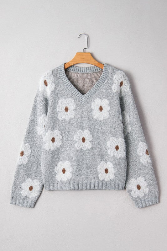 Floral V-Neck Drop Shoulder Baggy Sweater