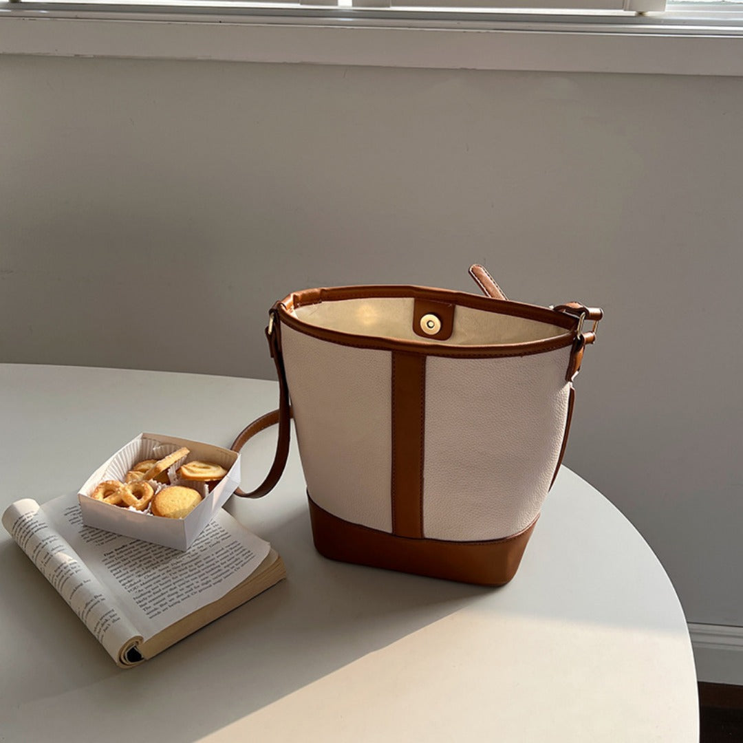 Retro Fashion Simple Texture Splicing Bucket Bag - Versatile Women's Shoulder & Crossbody Bag