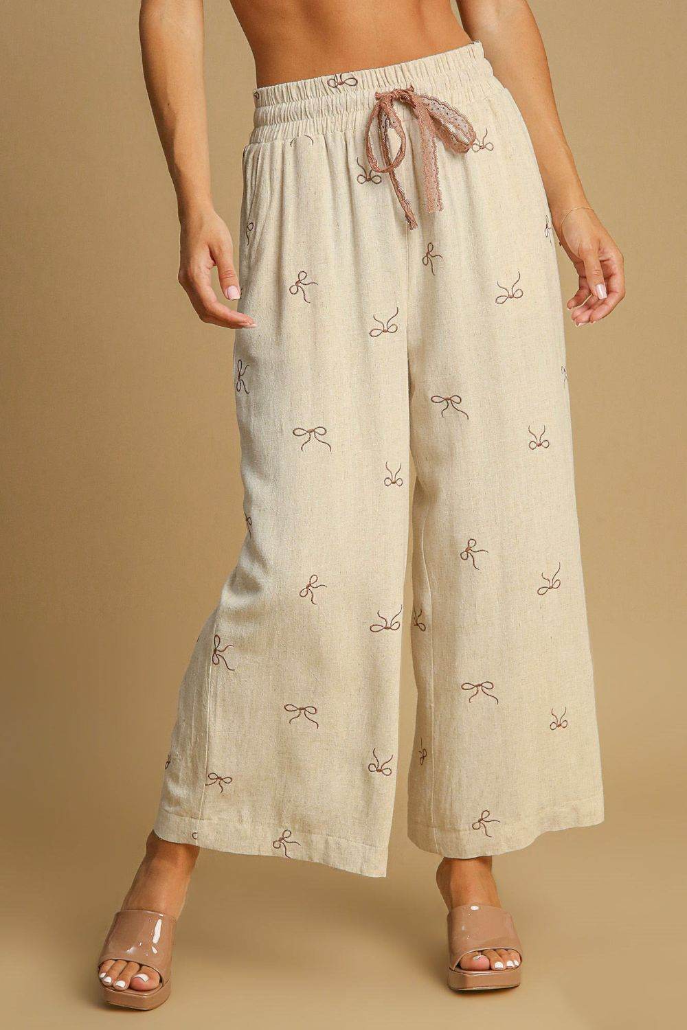 Umgee Full Size Lace Drawstring Embroidered Bow Wide Leg Pants Plus Size