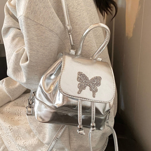 Small silver backpack, bag women's fashion versatile travel mini backpack, student bag, small women backpack purse