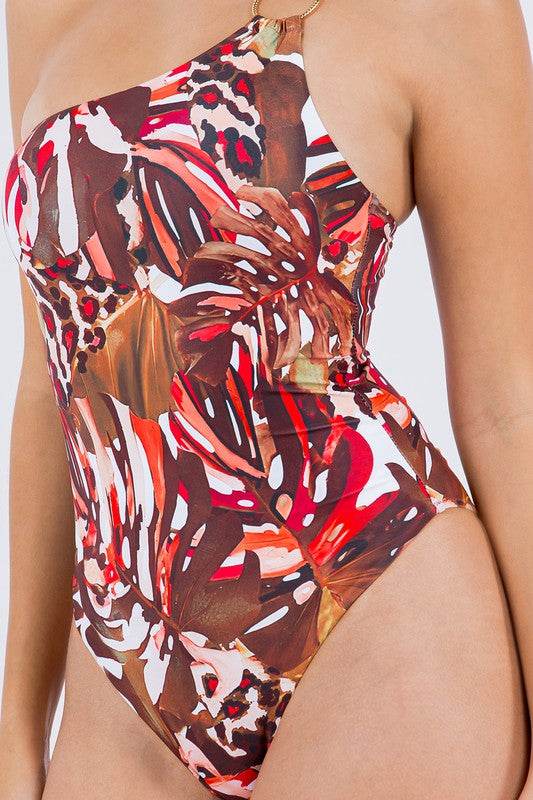 ONE PIECE BATHING SUIT FLORAL PRINT SINGLE SHOULDE