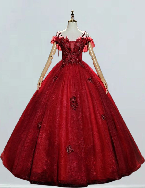 Burgundy off the shoulder flower lace long prom dress ball gown straps floor length fluffy tulle wedding dress gown bridal gown