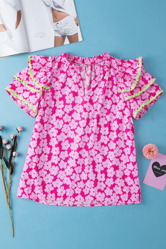 Capri Floral Ric Rac Ruffle Sleeve Blouse