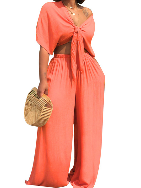 Deep V Neck Top +Wide Leg Trousers Two-piece Set