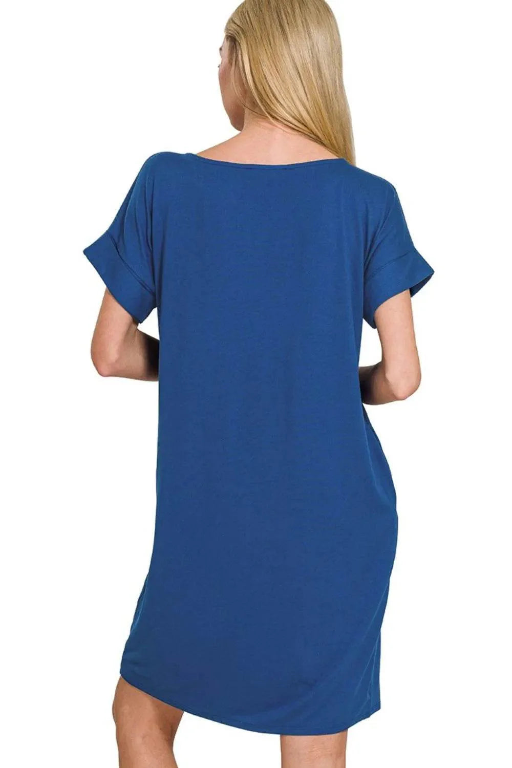 Zenana Rolled Short Sleeve Round Neck Dress