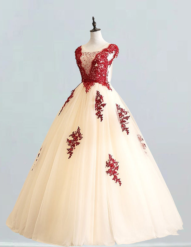 Champagne Tulle Evening Gown with Beaded Lace | Scoop Neck Prom Dress