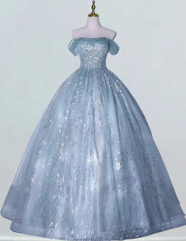 Women's Silver Lace Off-Shoulder Tulle Ball Gown | Elegant Evening & Prom Dress
