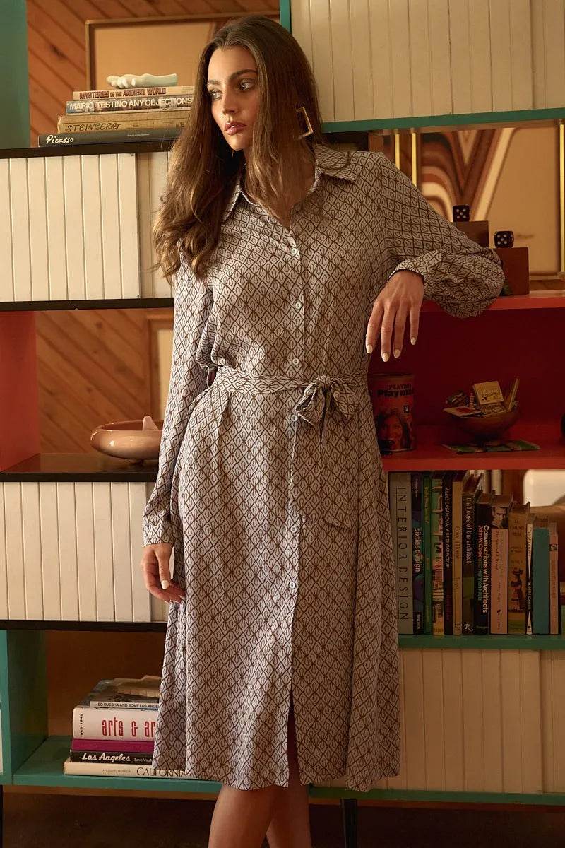 Mittoshop Abstract Print Waist Tie Midi Shirt Dress