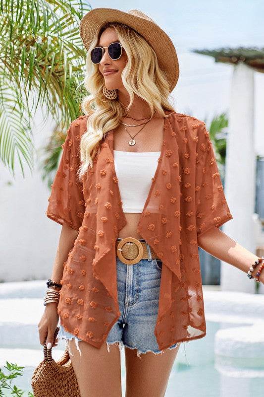 Draped Collar Swiss Dot Cover Up Cardigan Top