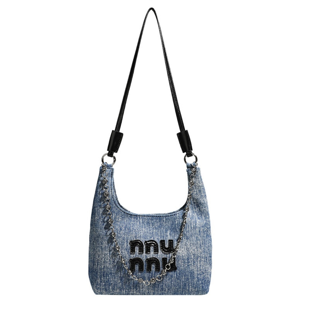 Simple retro small bucket bag, Versatile denim underarm bag, Chain bag Crossbody bag, slouch hobo purse