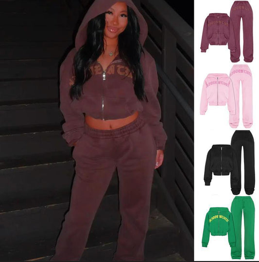 Ins Letter Sports Suit Zip-up Hooded Cropped Sweatshirt Top And Loose Drawstring Trousers