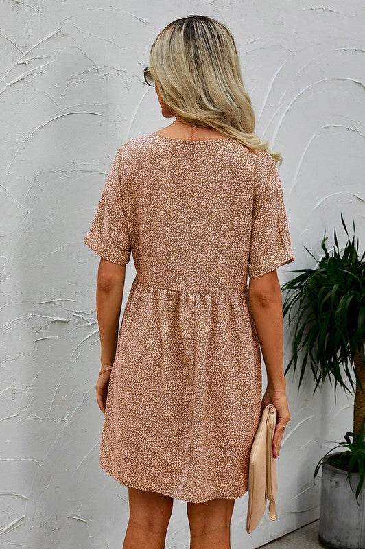 Button V Neck Short Sleeve Tunic Short Dress