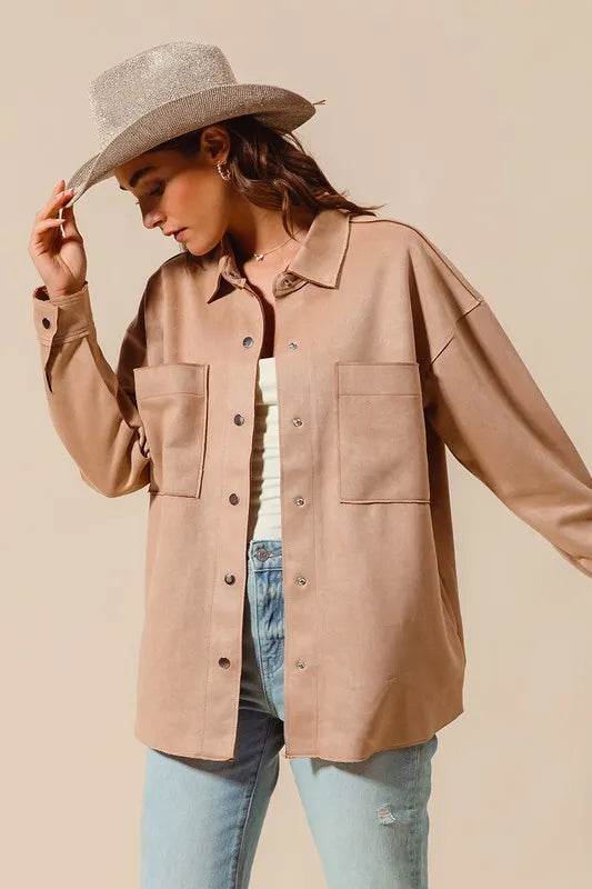 SO ME Faux Sued Snap Shacket with Collar and Pockets
