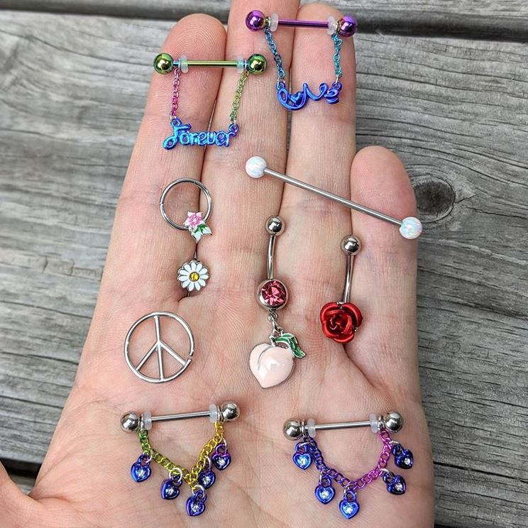 14G 11/16 Clear Gem Rainbow Padlock Heart Dangle Nipple Ring Set