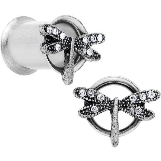0G Clear Gem Steel Hi Sky Dragonfly Double Flare Tunnel Plug Set
