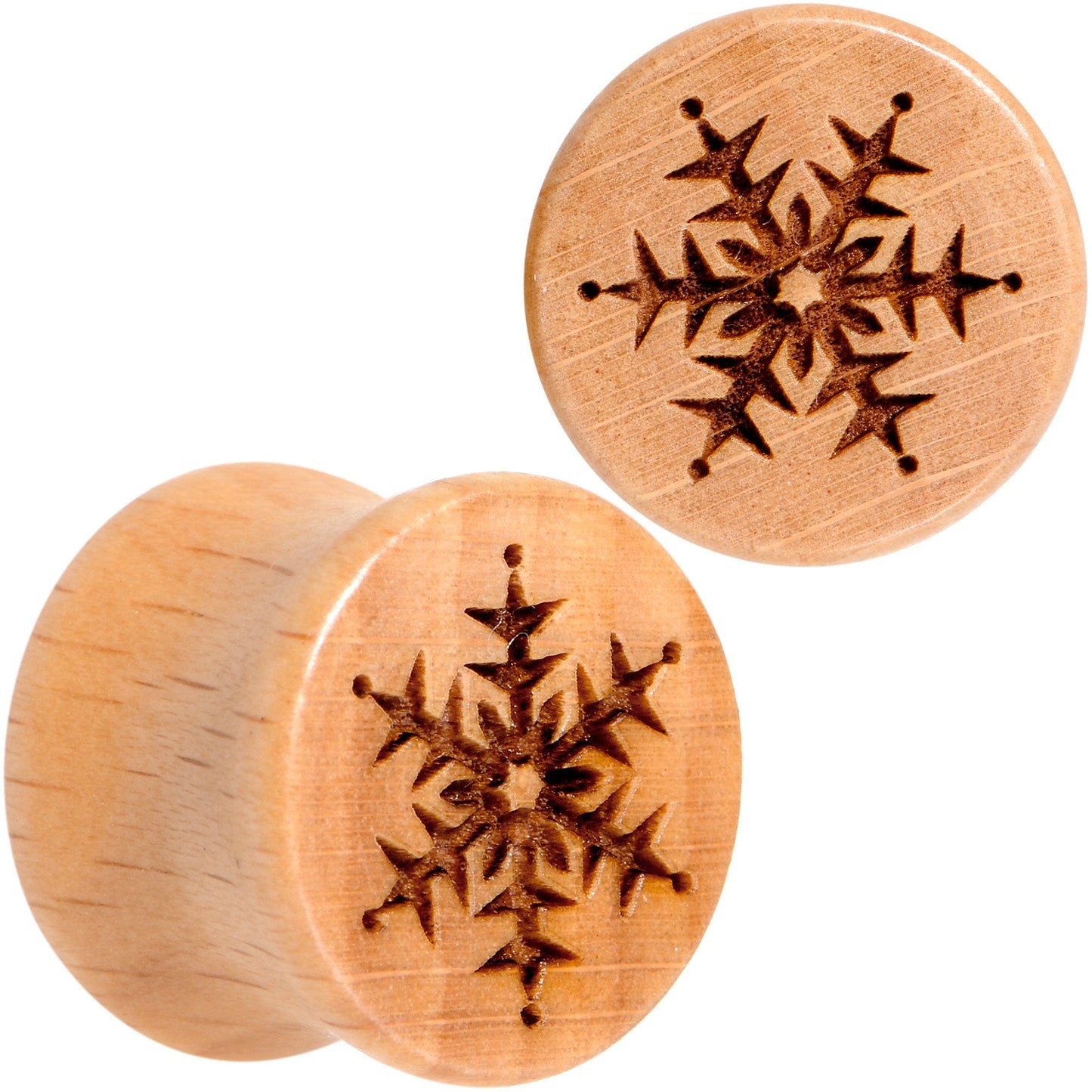 Organic Beechwood Holiday Winter Snowflake Saddle Plug Set Sizes 8mm to 25mm