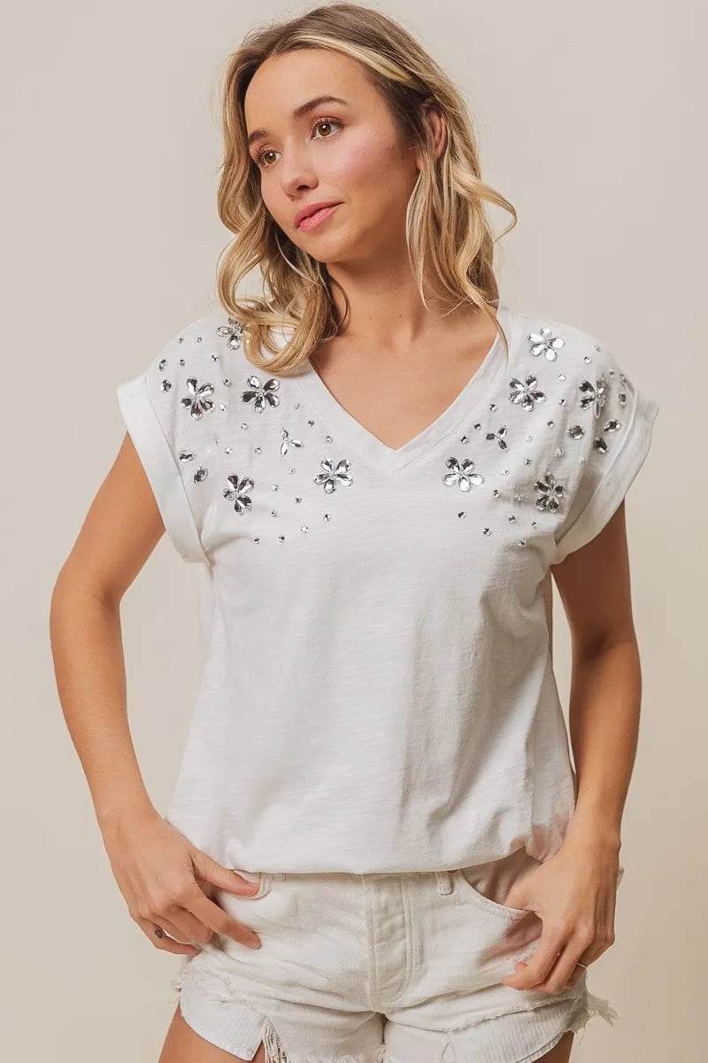 BiBi Slub Jersey Rhinestone V Neck Top