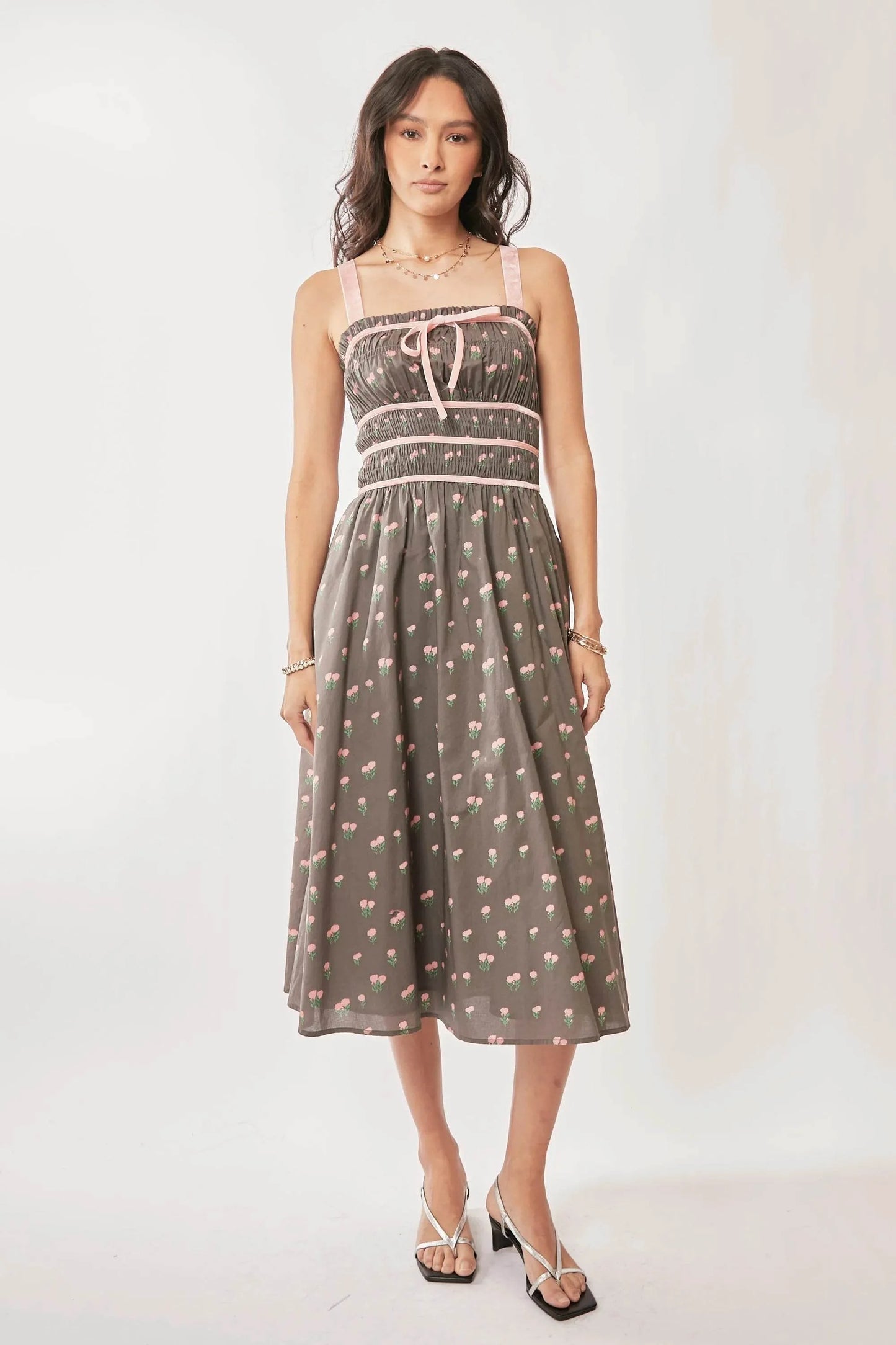 Davi & Dani Contrast Velvet Tape Smocking Bodice Midi Dress