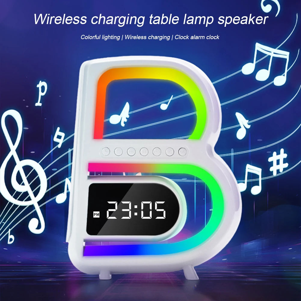 2024 New B-Shaped Blutooth Speaker Multifunctional Smart Music Rhythm Lighting Phone Wireless Charger TF Card AUX Input Standard Mode