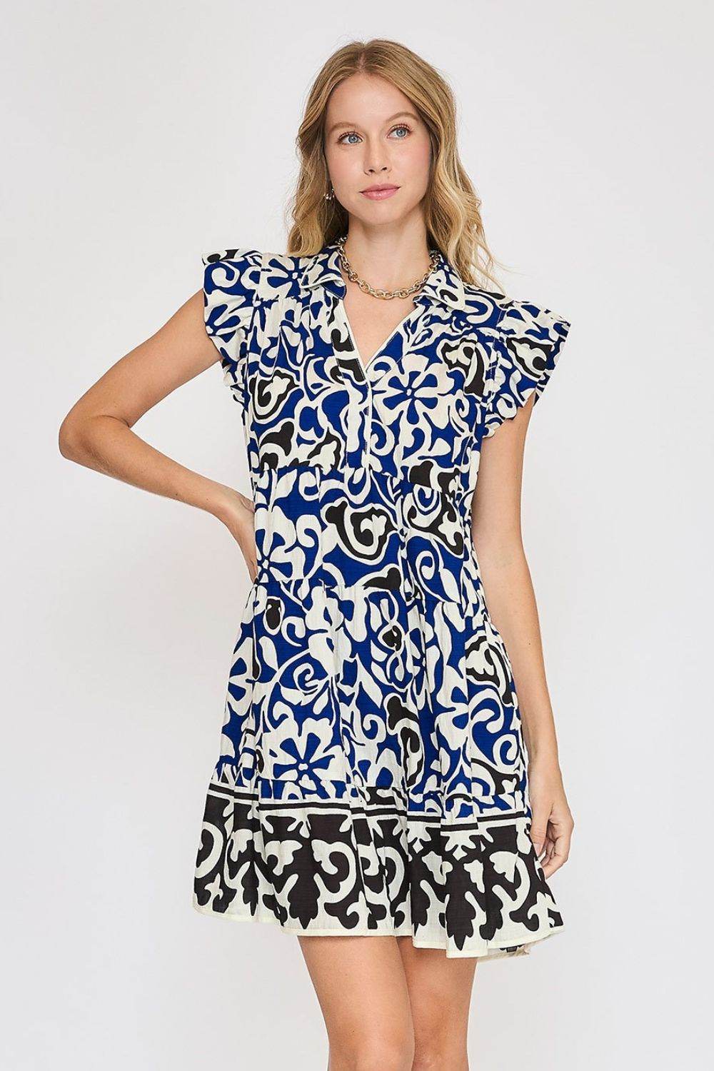 Umgee Floral Ruffled Cap Sleeve Tiered Dress