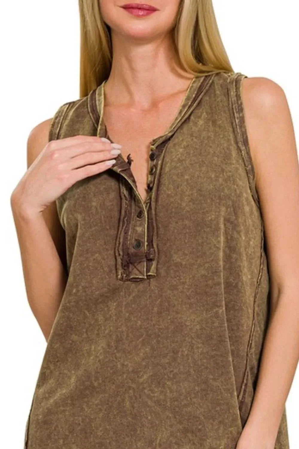 Zenana Washed Half-Button Raw Edge Sleeveless Henley Top