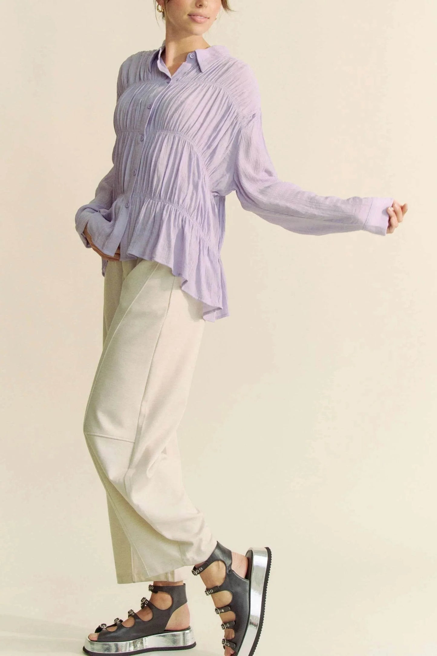Davi & Dani Ruched All Over Button Front Shirt