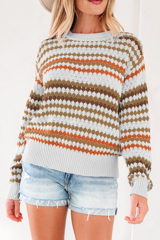 Stripe Eyelet Knit Drop Shoulder Sweater