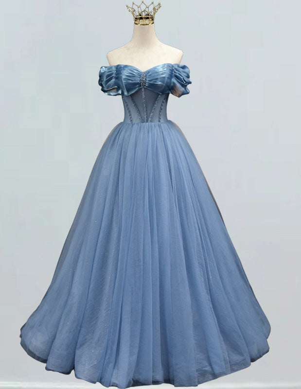 Women's Off-Shoulder Tulle Prom Dress Beaded Pleats Ball Gown Evening Wear