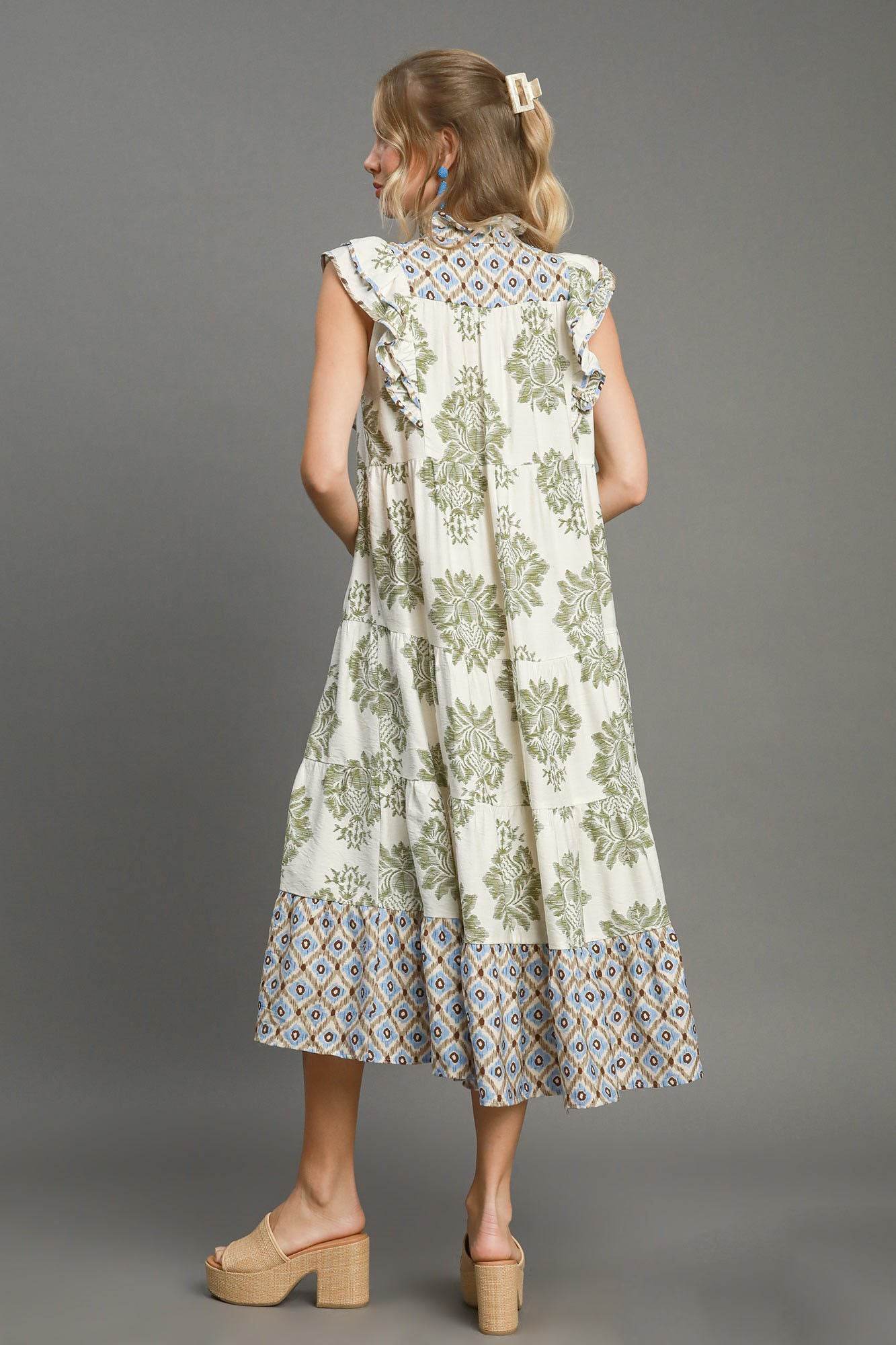 Umgee Full Size Mixed Print Ruffle Cap Sleeve Midi Dress Plus Size