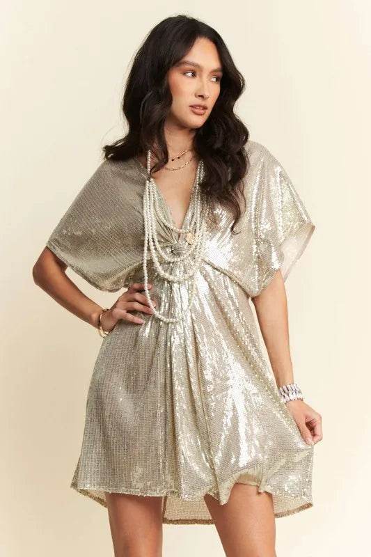 Davi & Dani Sequin Plunge Neck Knot Cut Out Tie Back Party Dress