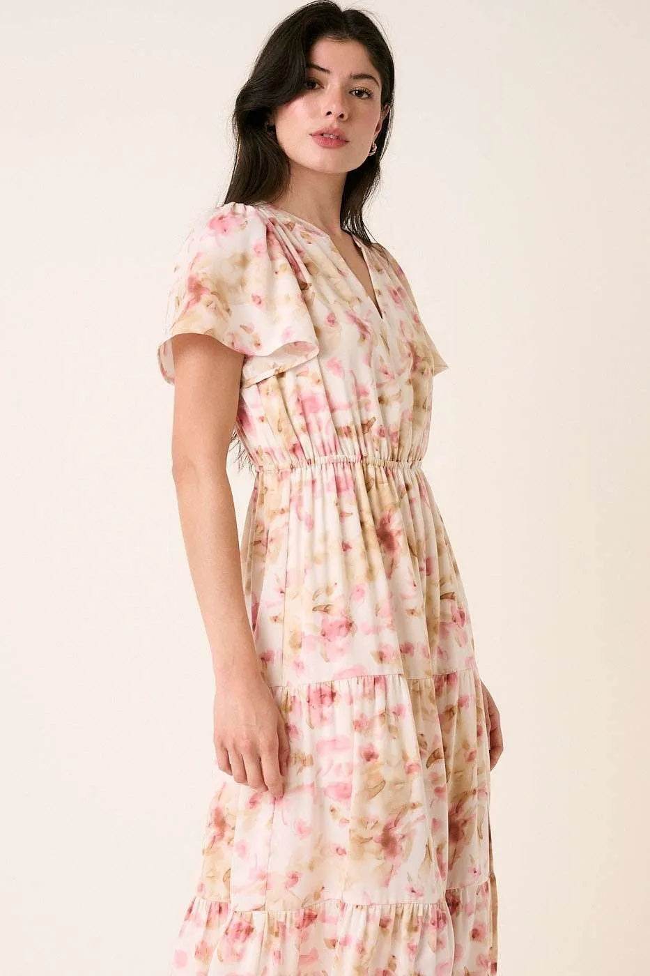 Mittoshop Flower Print Flutter Sleeve V Slit Maxi Dress