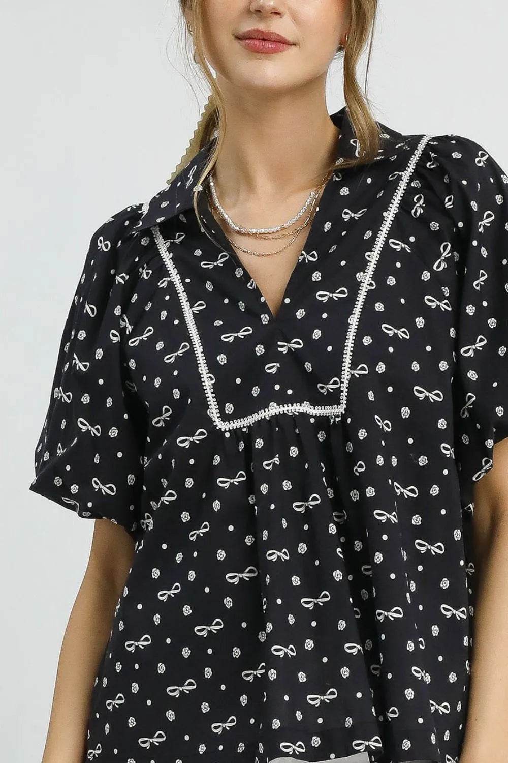 Umgee Bow Print Puff Sleeve Blouse
