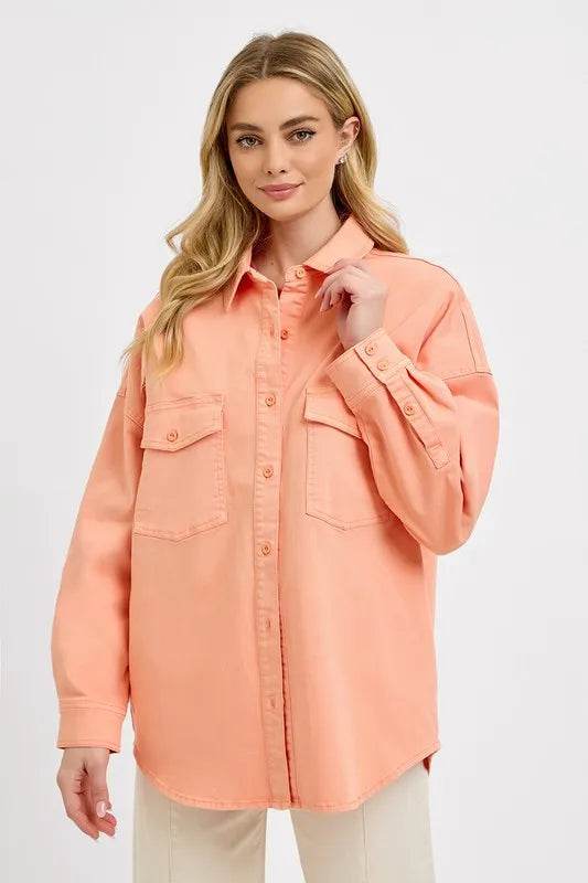 RISEN Full Size Button Down Long Sleeve Denim Shacket with Chest Pockets Plus Size