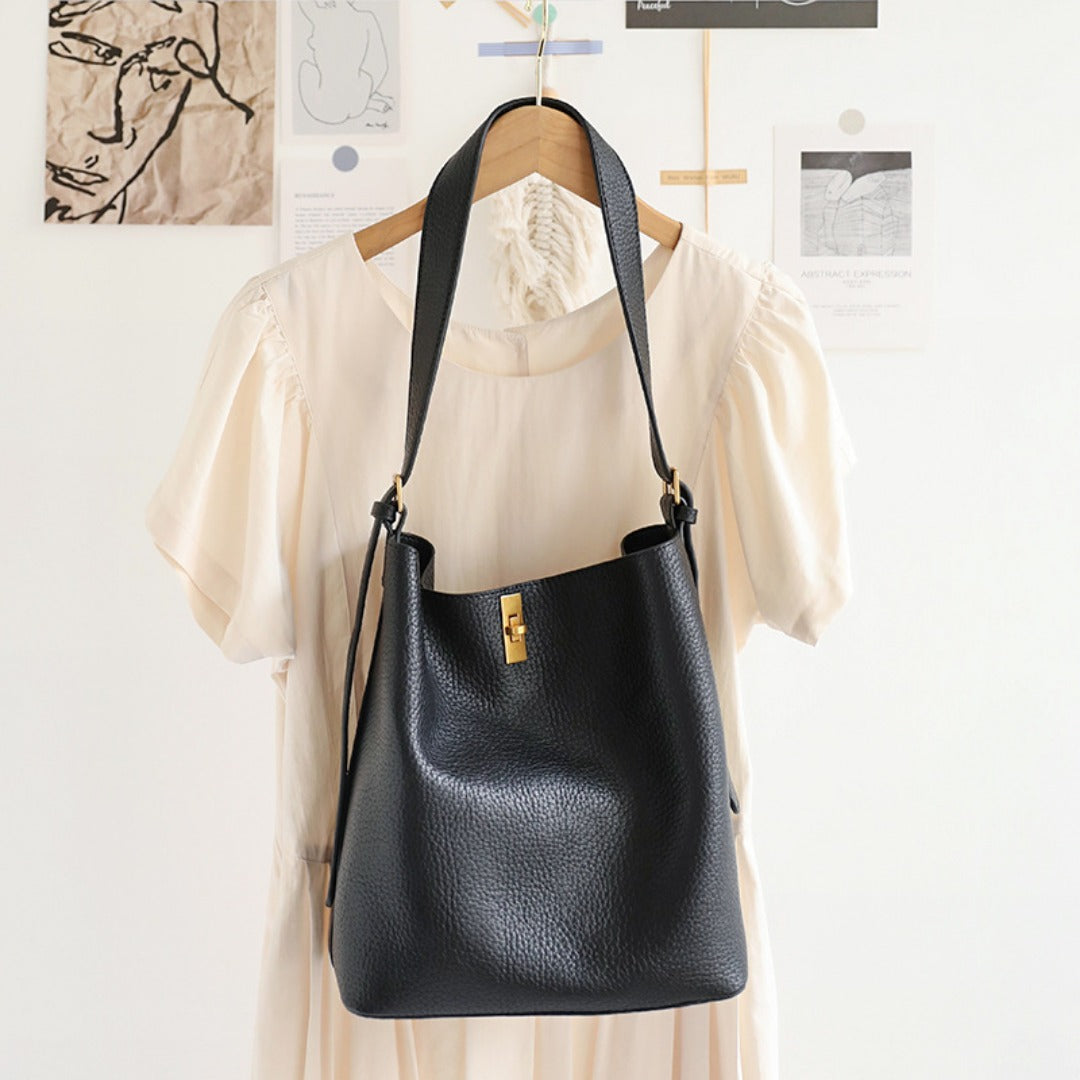Large Capacity Versatile Bucket Bag for Female - Retro Texture Soft PU Crossbody Hobo Bag with Lock, 2 in 1 Casual Style