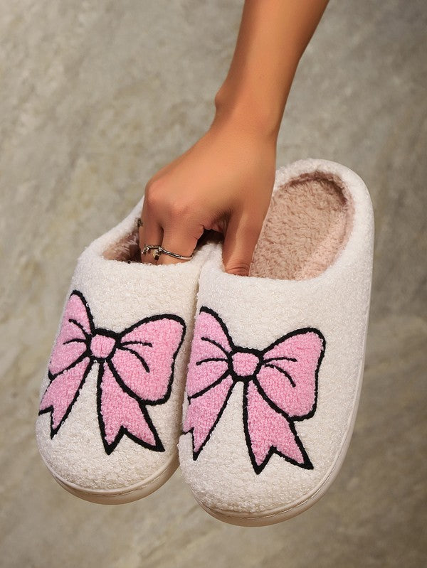 Cute Bowknot Pattern Fuzzy Winter Home Slippers