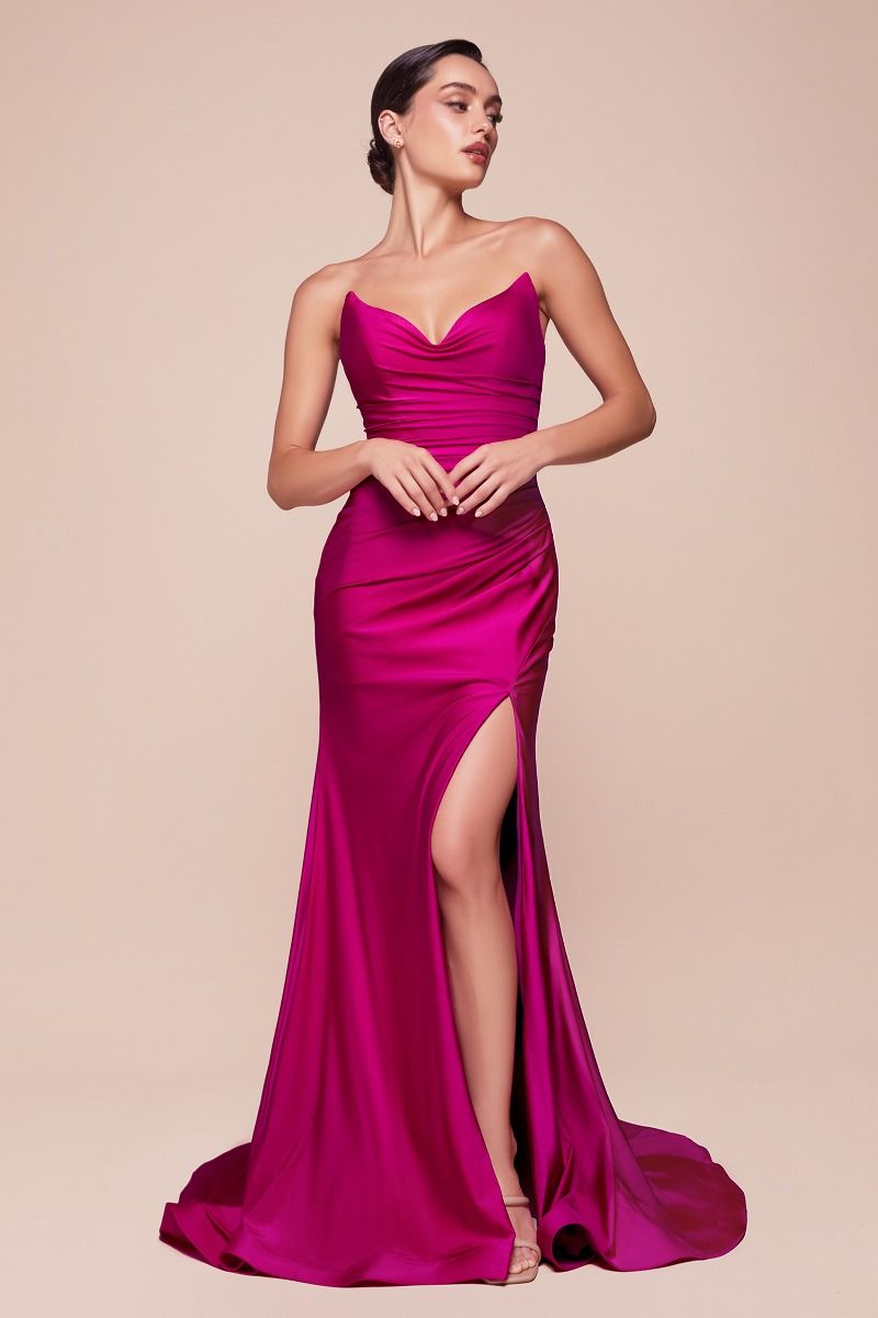 STRAPLESS STRETCH SATIN FITTED GOWN CDCD791
