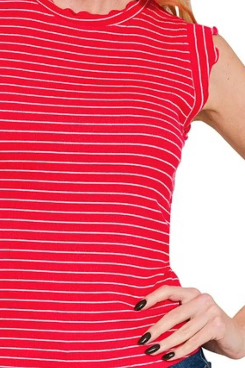 Zenana Ribbed Ruffle Trim Sleeveless Stripe Top
