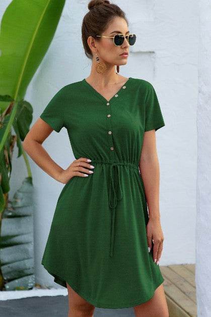 Solid V Neck Button Down Tie Waist Jersey Dress