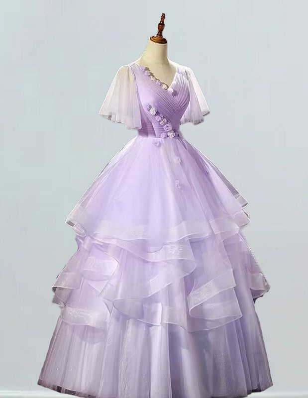 Elegant Lavender V-Neck Prom Dress | Pleated Floral Evening Gown for Girls