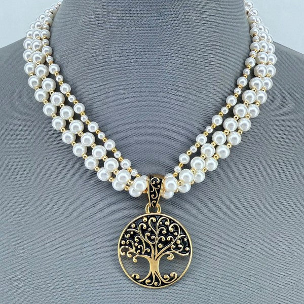 Gold Finish Multi Layer Pearl Necklace Tree of Lif