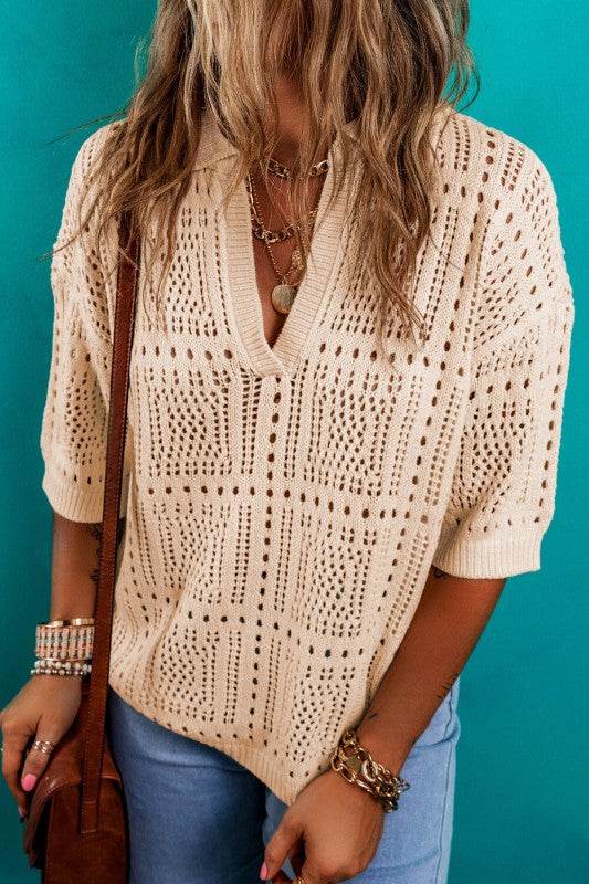 Loretta Turn-down Collar Hollowed Knit Short Sleev