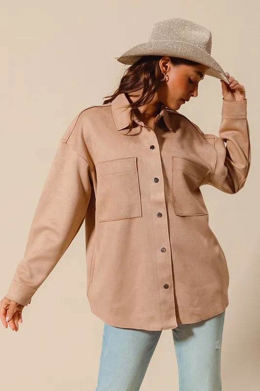 SO ME Faux Sued Snap Shacket with Collar and Pockets