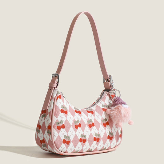 Small versatile underarm bag, cute cherry pattern shoulder bag, top handle bag, crescent bag hobo