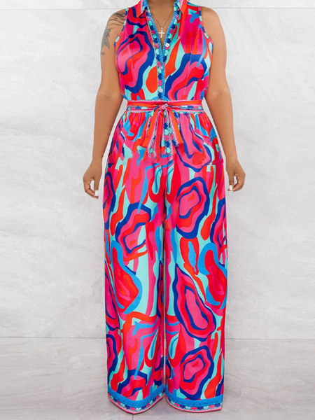 Women's clothing printed sleeveless casual V-neck wide leg jumpsuit